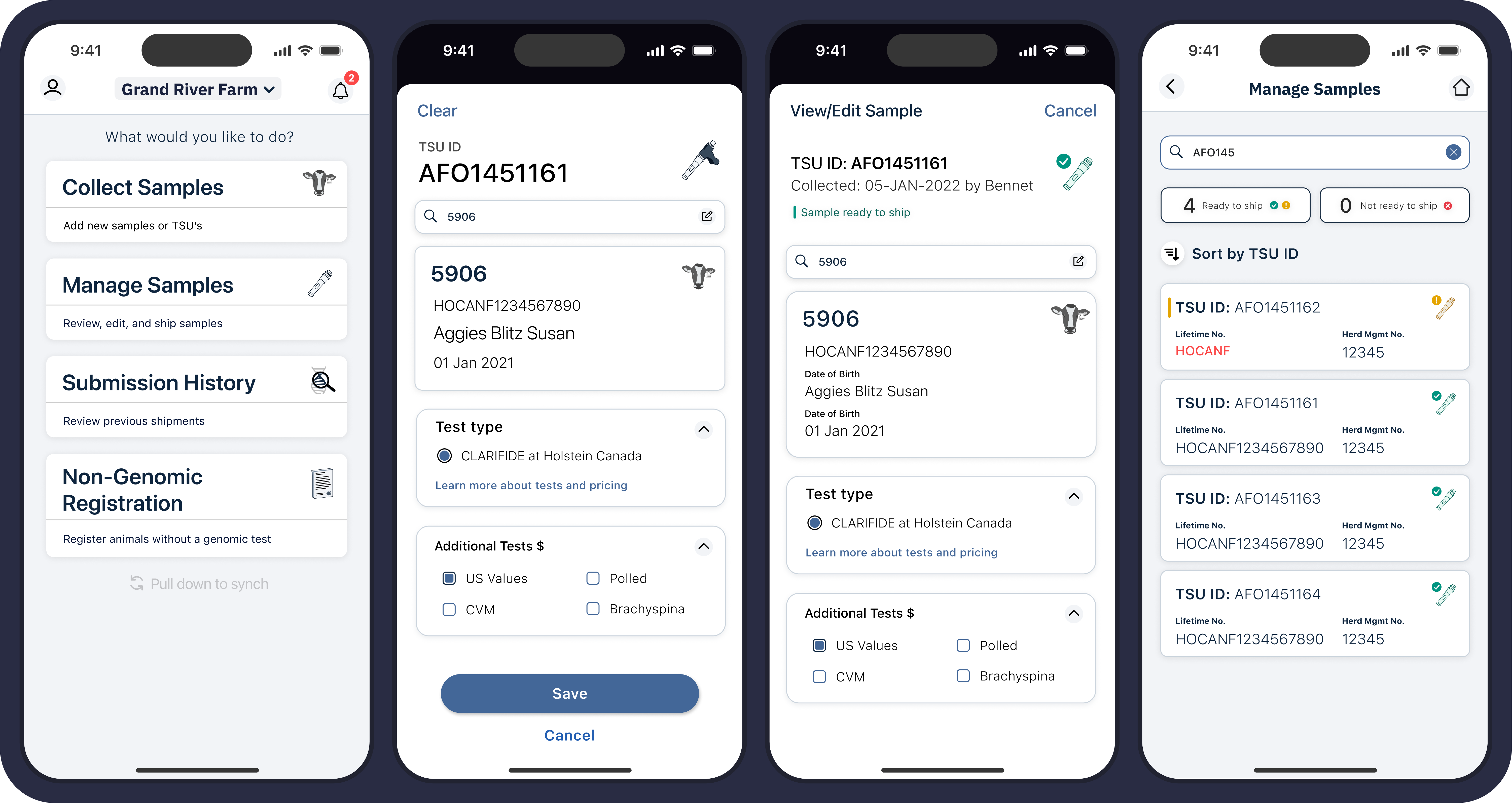 sequence of 4 phones showing examples of cattle management mobile app