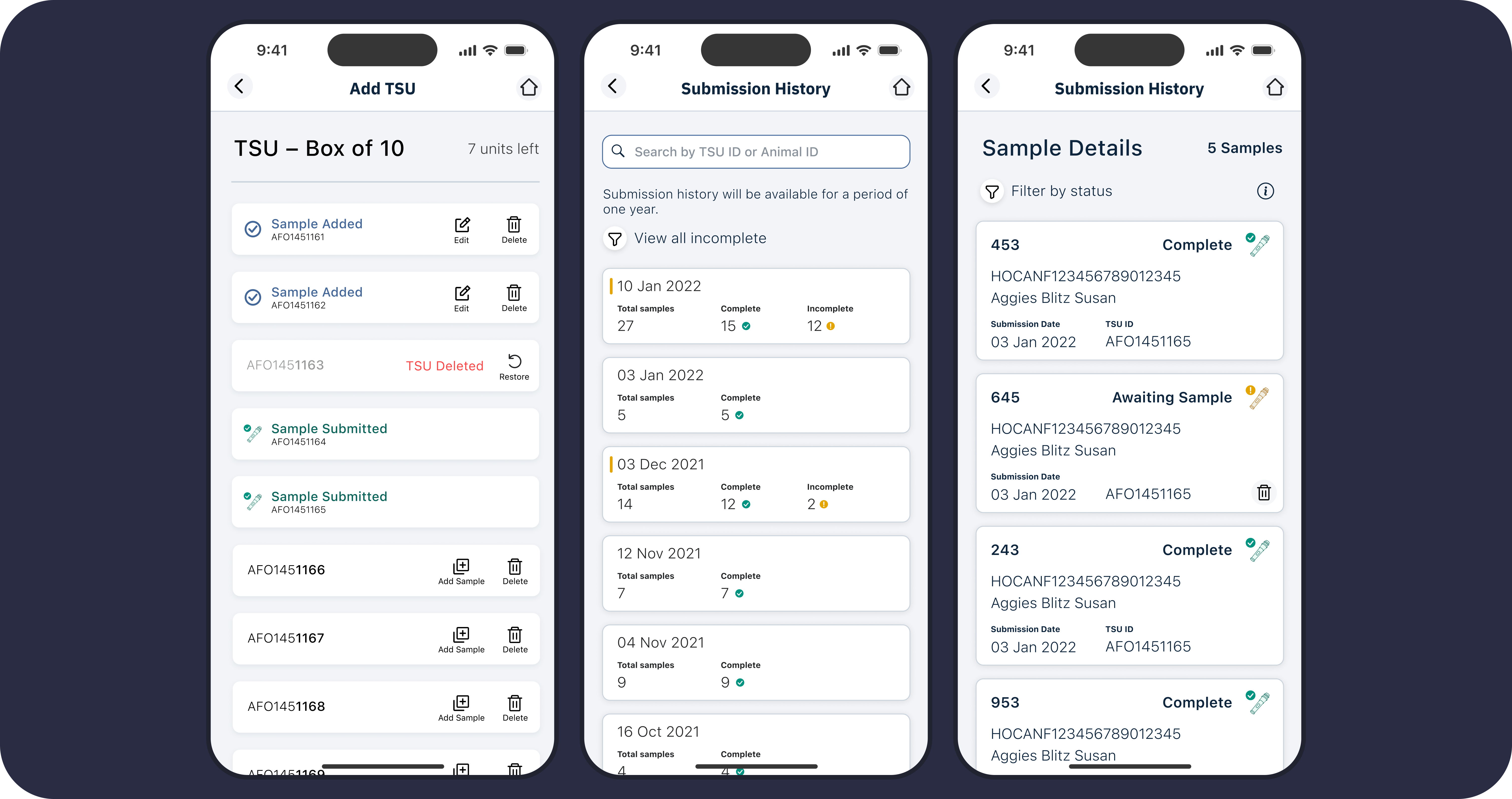 sequence of 3 phones showing examples of cattle management mobile app