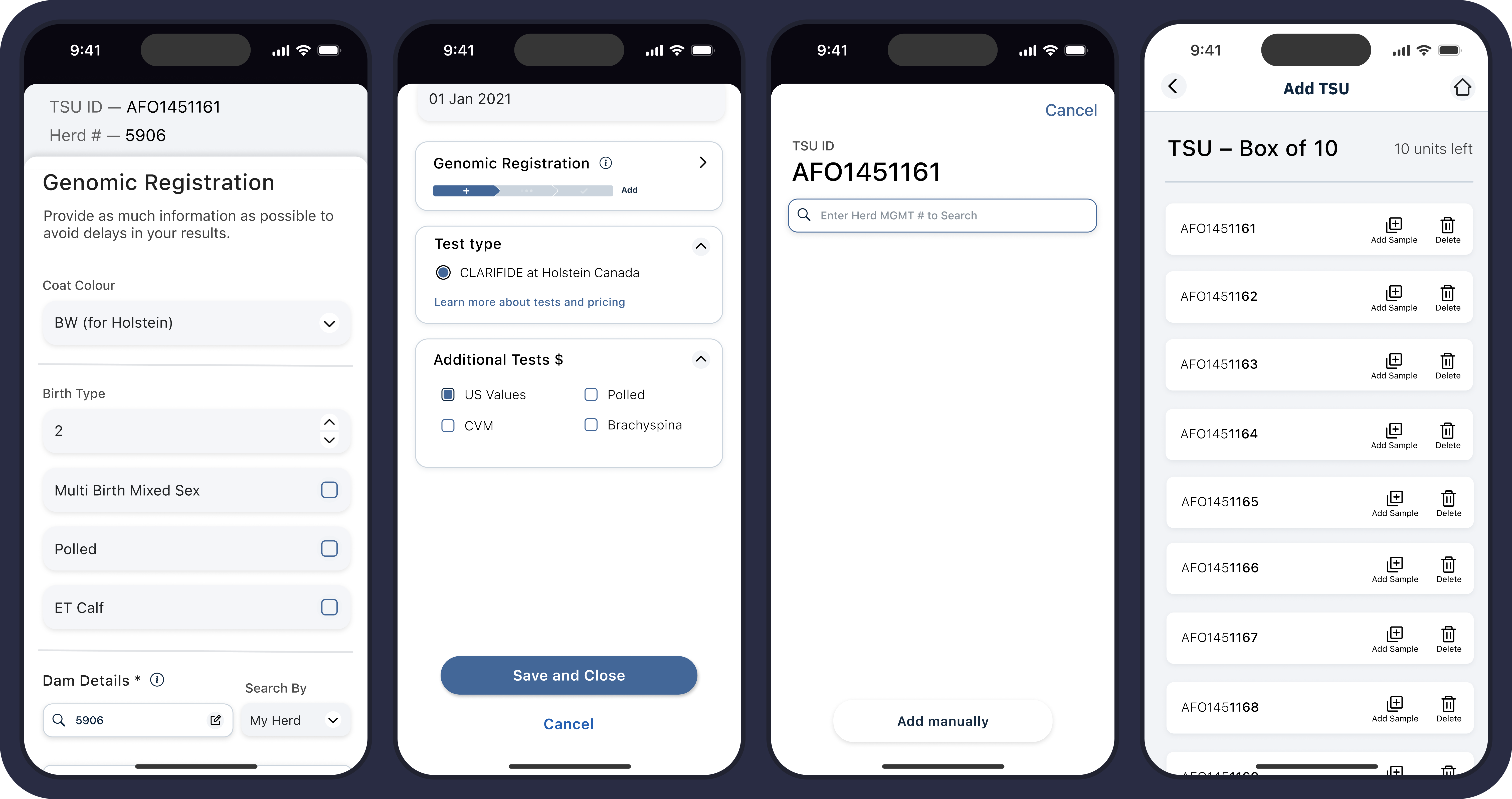 sequence of 4 phones showing examples of cattle management mobile app