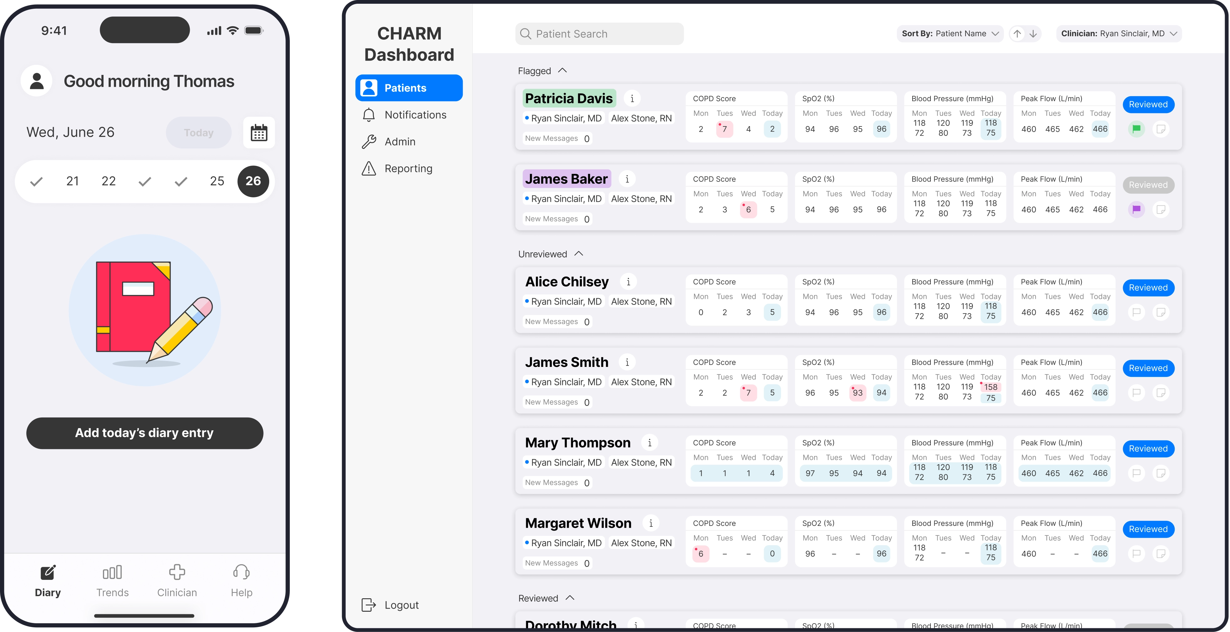 cover image for COPD project, showing a mobile app and a clinician dashboard
