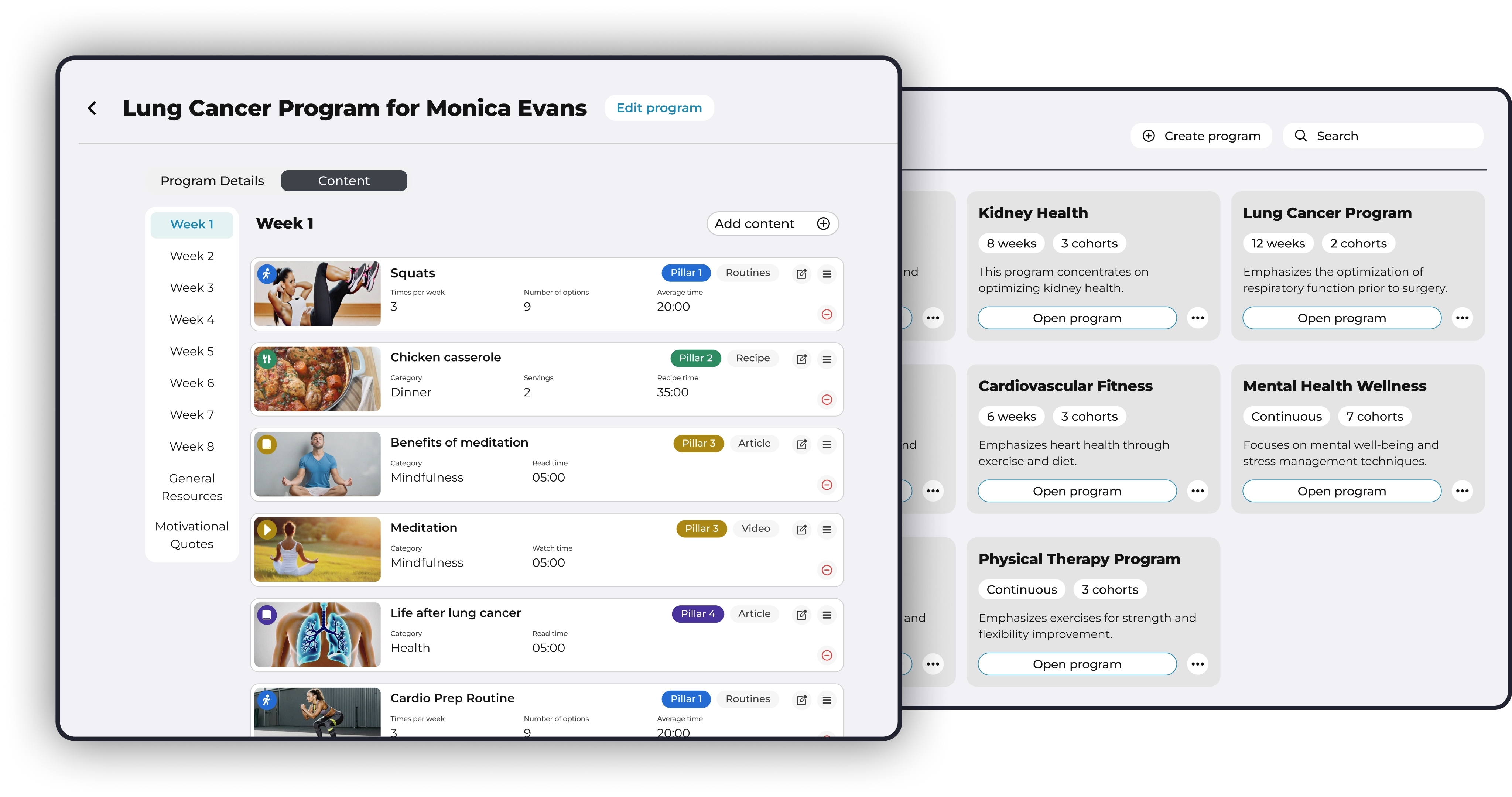 clinician dashboard show different areas of admin panel