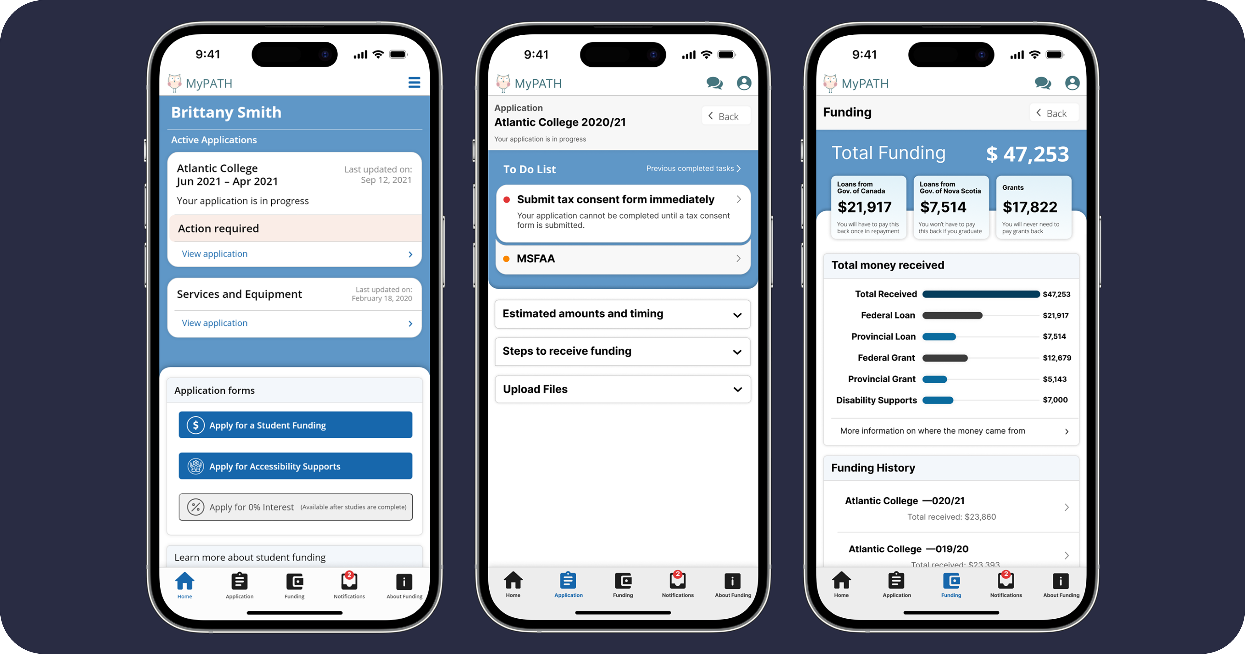 student loans mobile screens for homepage, current applications, and funding
