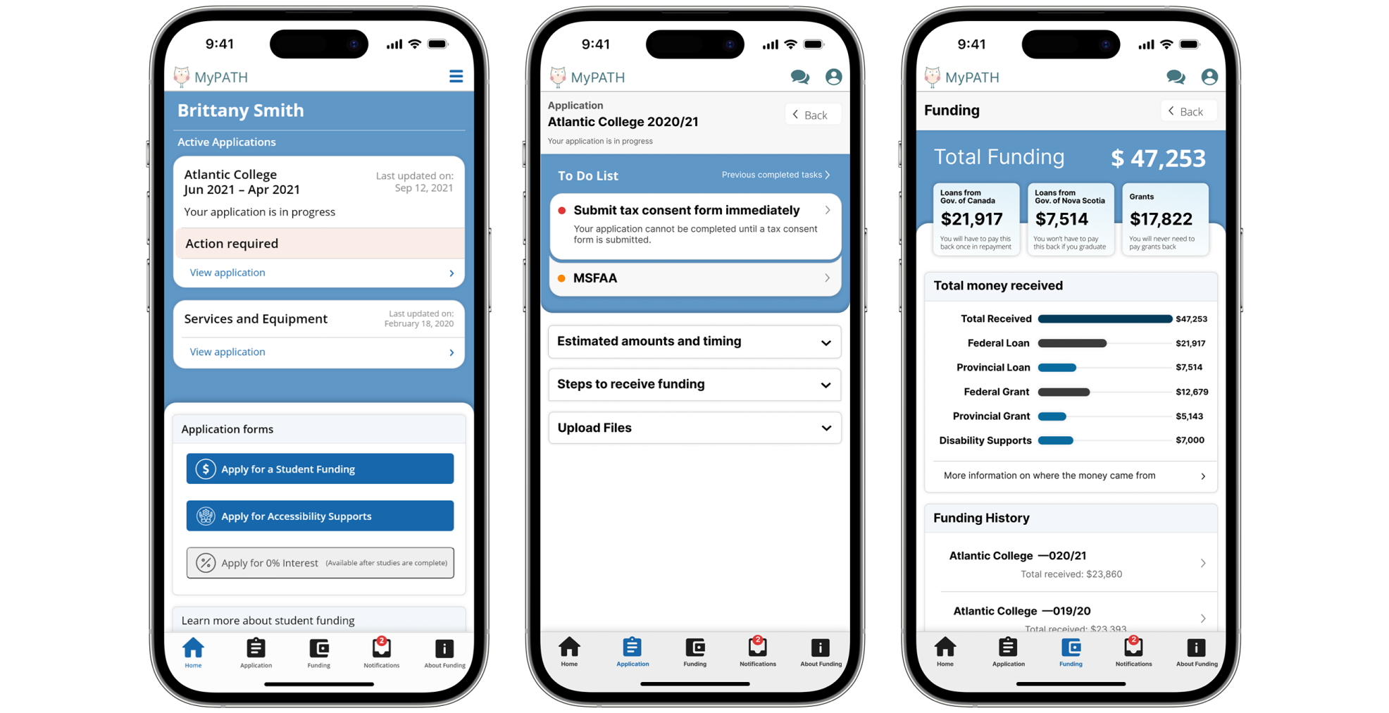 student loans mobile screens for homepage, current applications, and funding