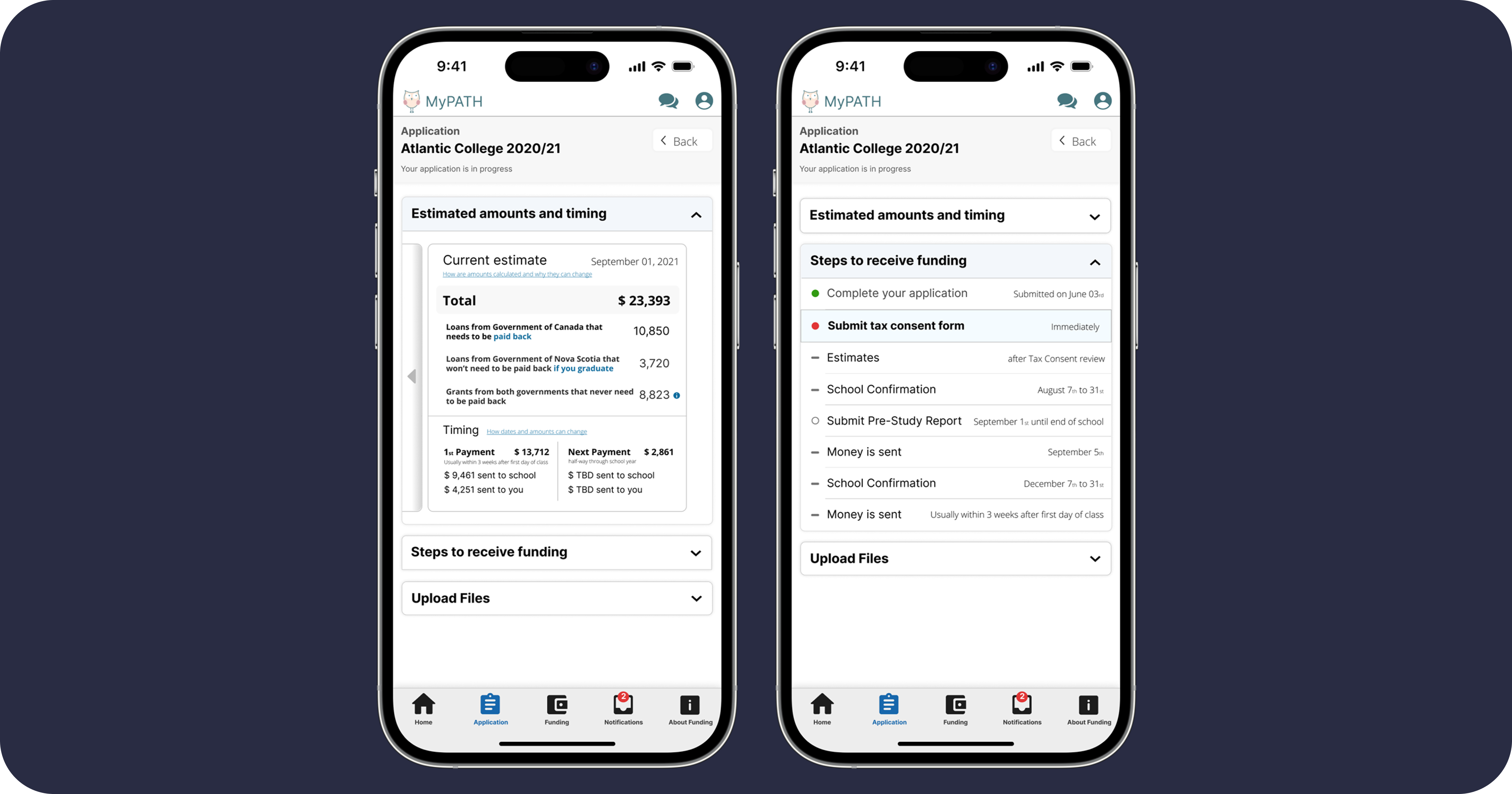 student loans mobile screens for loan estimates, and steps to receive funding