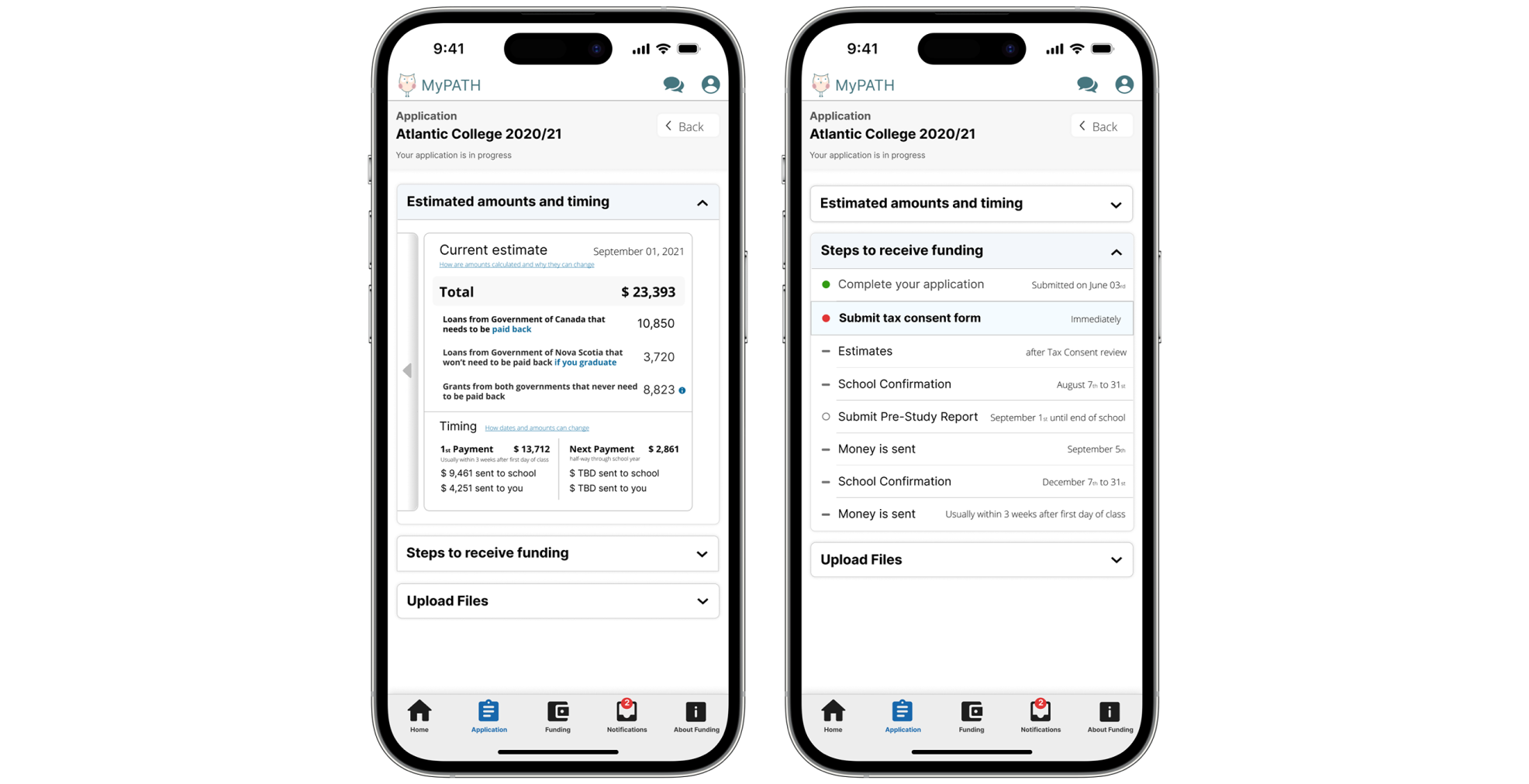 student loans mobile screens for loan estimates, and steps to receive funding